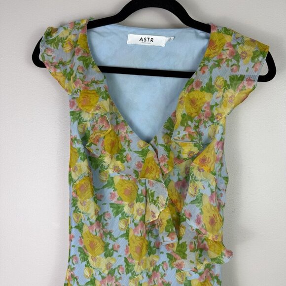 ASTR The Label Floral Ruffle Maxi Dress Blue Yellow Pink Size S Read Side Zipper - Picture 5 of 11